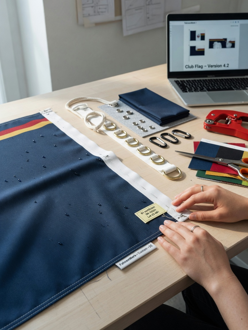 Designer hemming a weatherproof polyester club flag in a workshop, with FahnenWerk mockup on